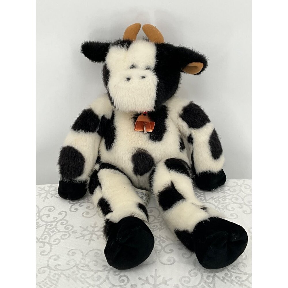 Build-A-Bear Workshop Black & White Cow 1997 Plush Toy With Red Bow & Copper Bel